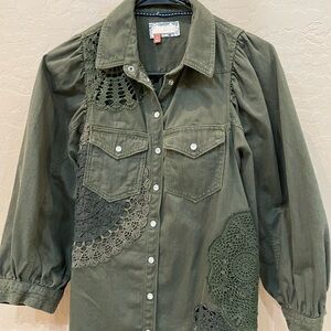Anthropologie Green Lace Detail Shirt